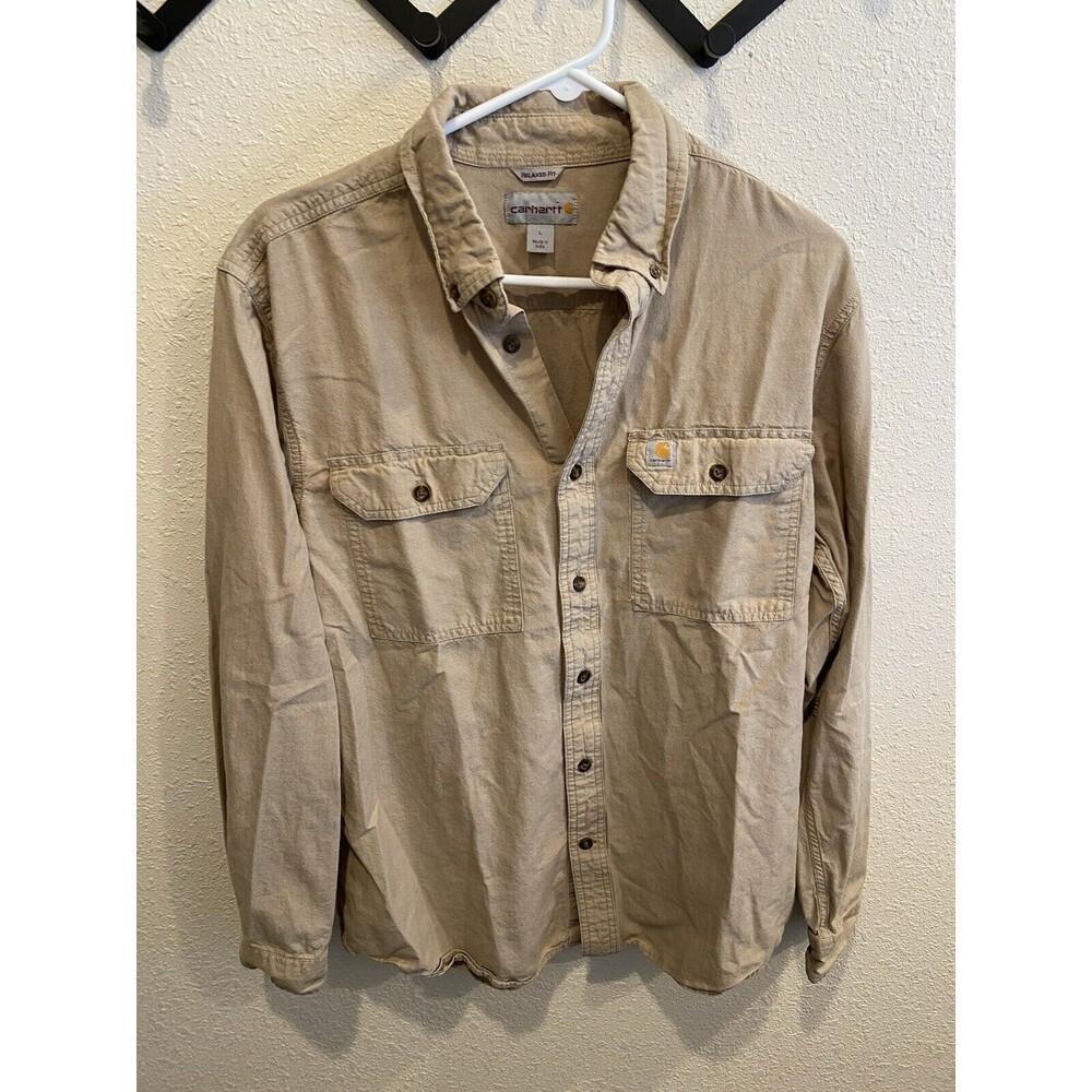 Carhartt Men's Long Sleeve Beige Button Down Shirt Men's Large Relaxed Fit